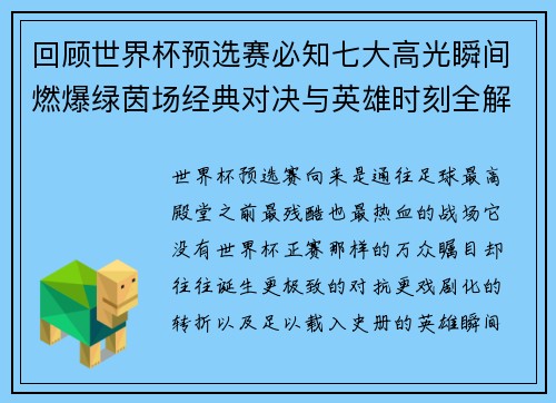 回顾世界杯预选赛必知七大高光瞬间燃爆绿茵场经典对决与英雄时刻全解析
