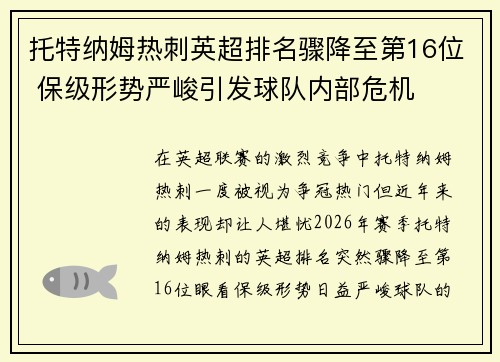 托特纳姆热刺英超排名骤降至第16位 保级形势严峻引发球队内部危机